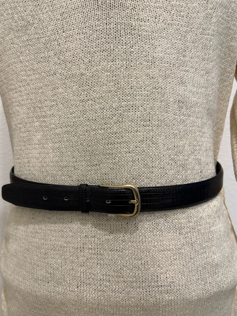 Vintage Black Lizard Grain Cowhide Leather Belt | Gold Buckle Size 36